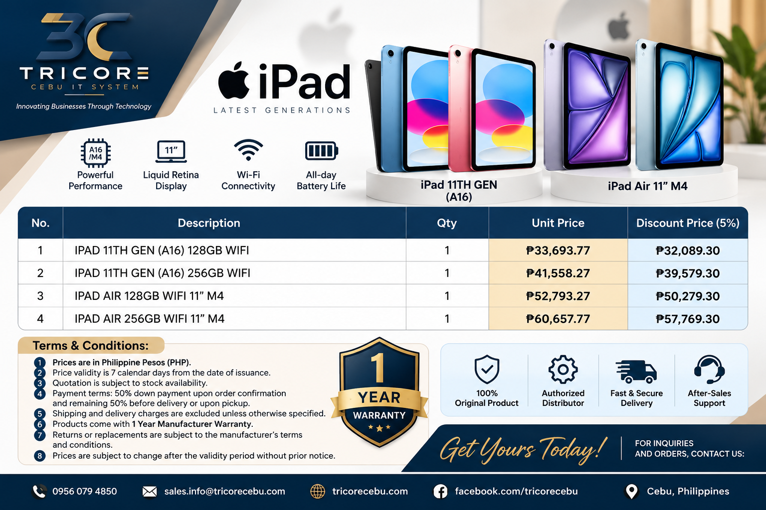 Latest Apple iPad 11th Gen A16 & iPad Air M4 – Available at Tricore Cebu IT Systems